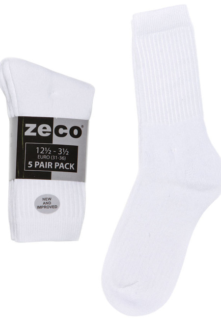 Unisex 5pk White Sports Socks (12.5-3.5 - 4-6)